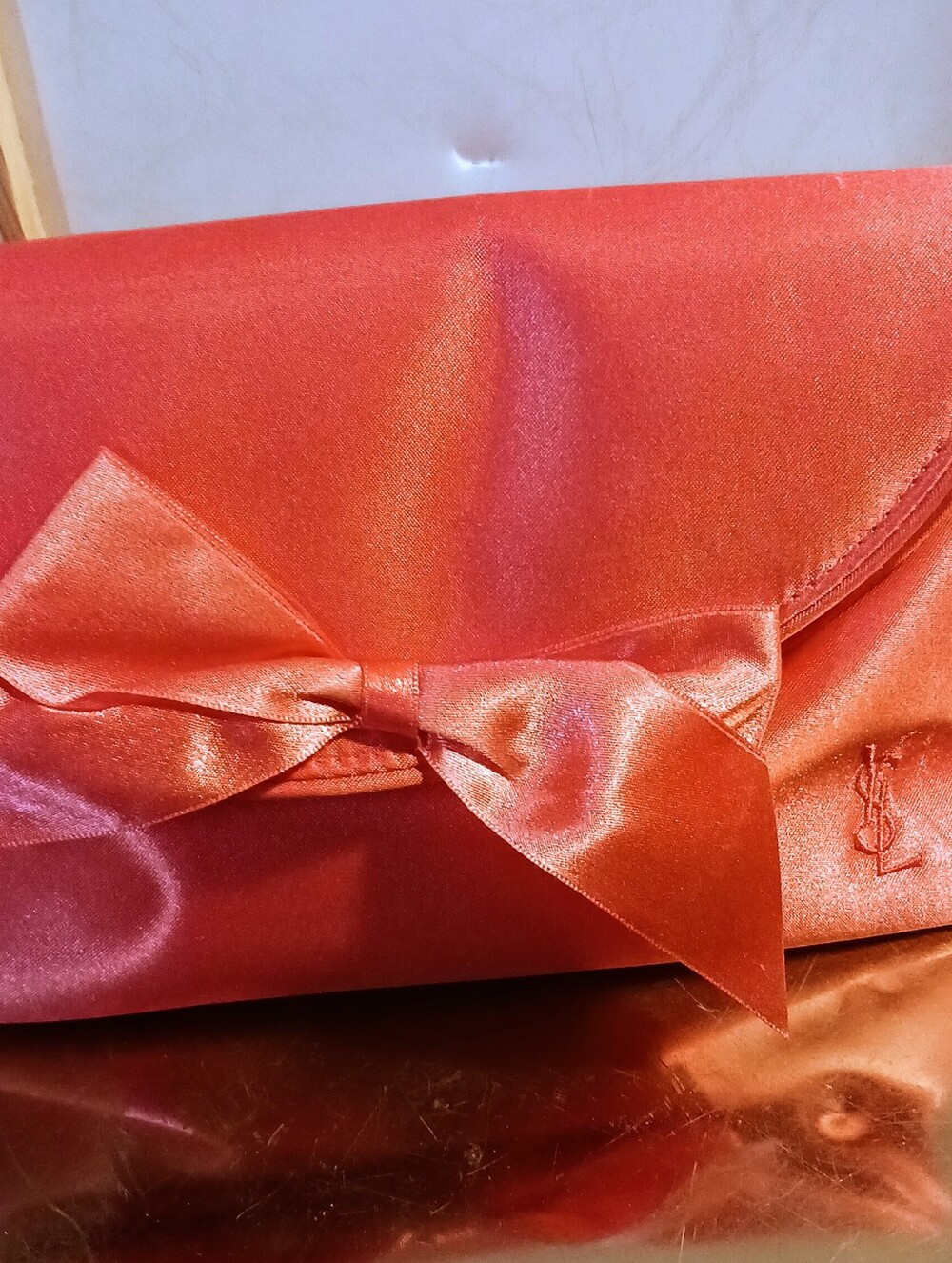 Yves Saint Laurent Satin Bow Clutch in Vibrant Pink & White Dots Inside